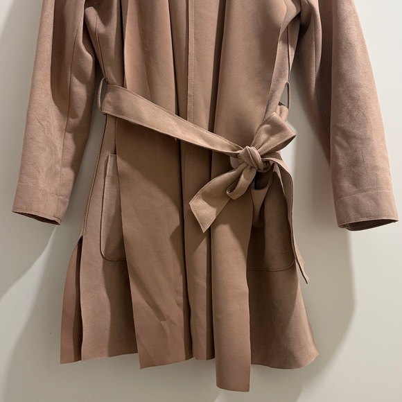 Zara Basic Hooded Faux Suede Belted Trench Coat - Pale Pink/Tan - Small - Picture 2 of 5